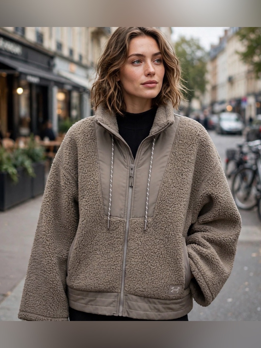Under Armour Oversized Taupe Sherpa Full-Zip Jacket